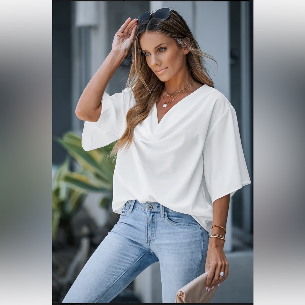 NWT Antonella Dolman Sleeve Drape Collar Loose Top. White Drape Blouse